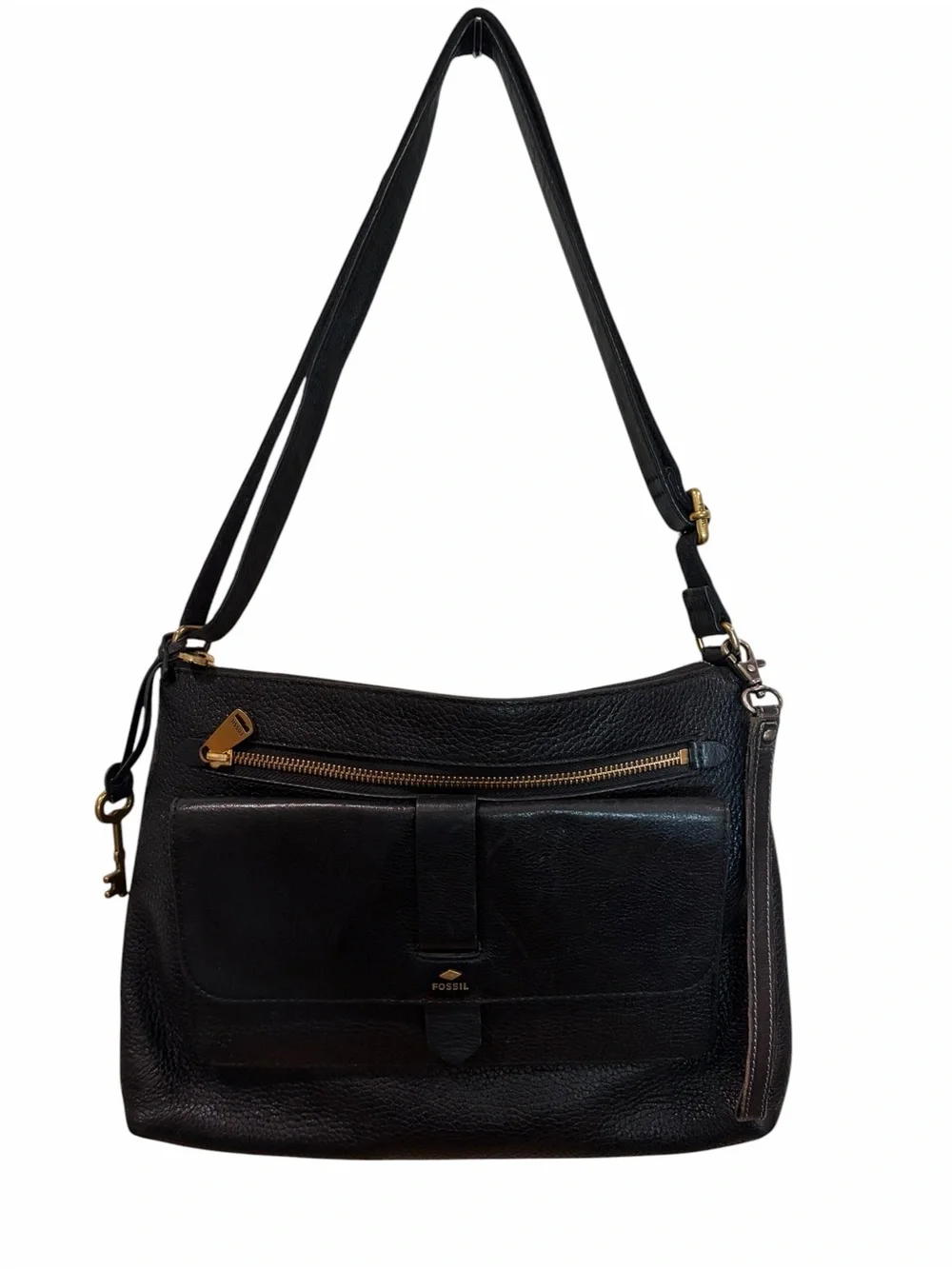 Fossil Kinley black pebbled leather crossbody bag multi pockets